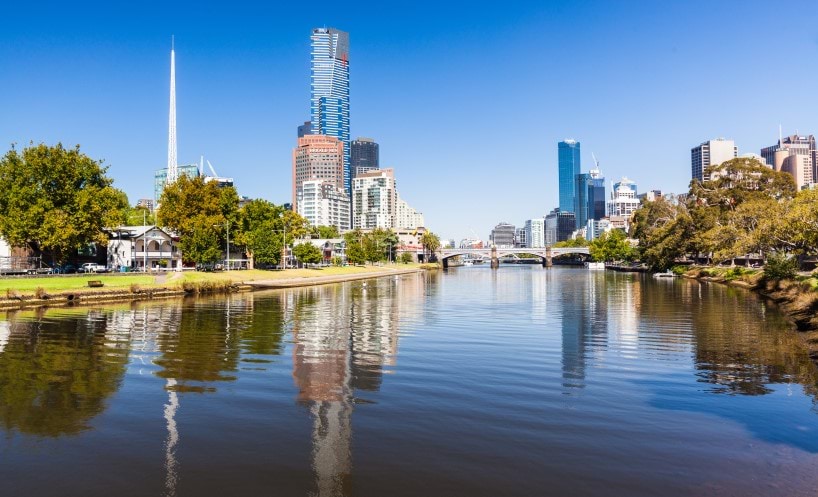 View of Melbourne city buildings along the Yarra River