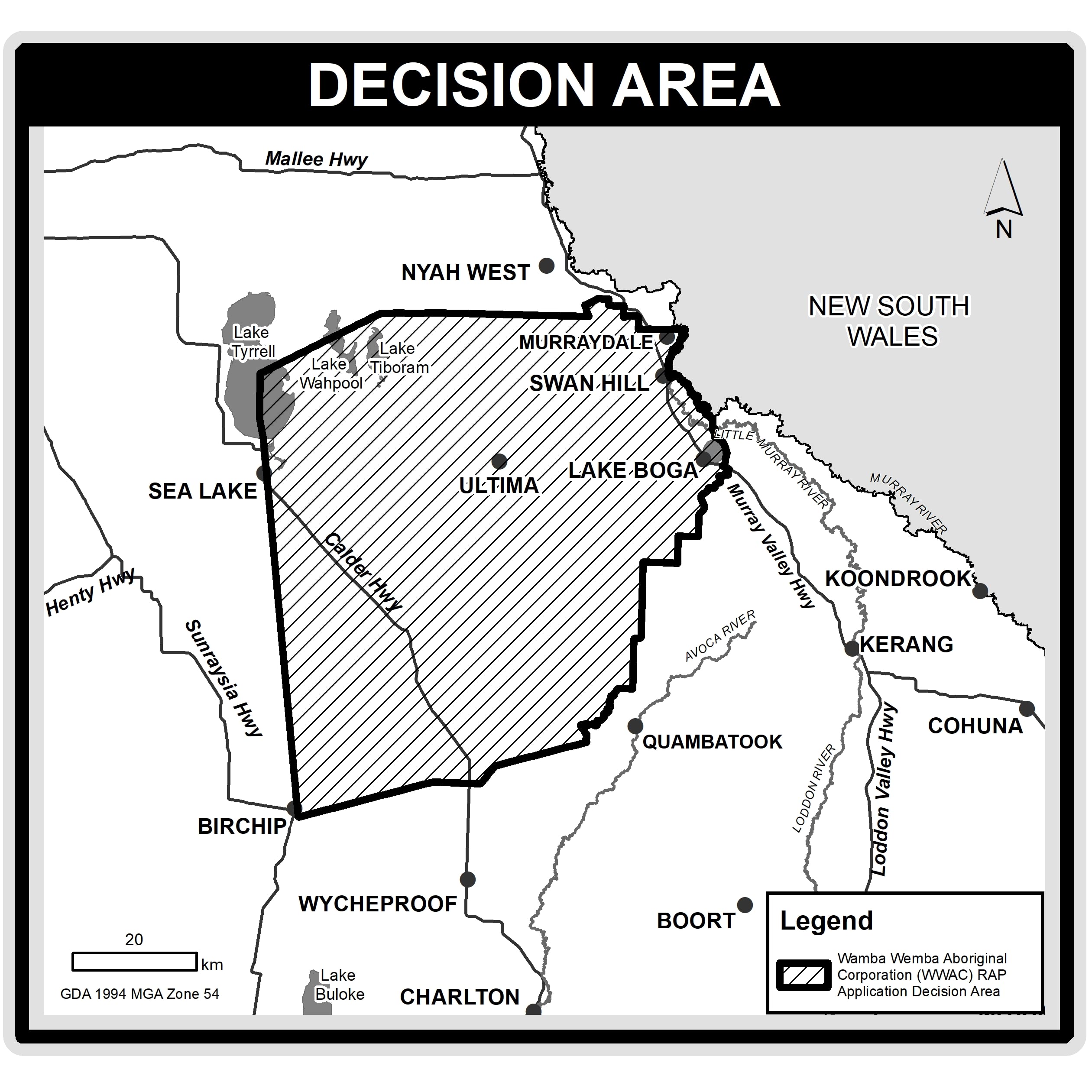 Map showing the Wamba Wemba Aboriginal Corporation Registered Aboriginal Party Decision Area 