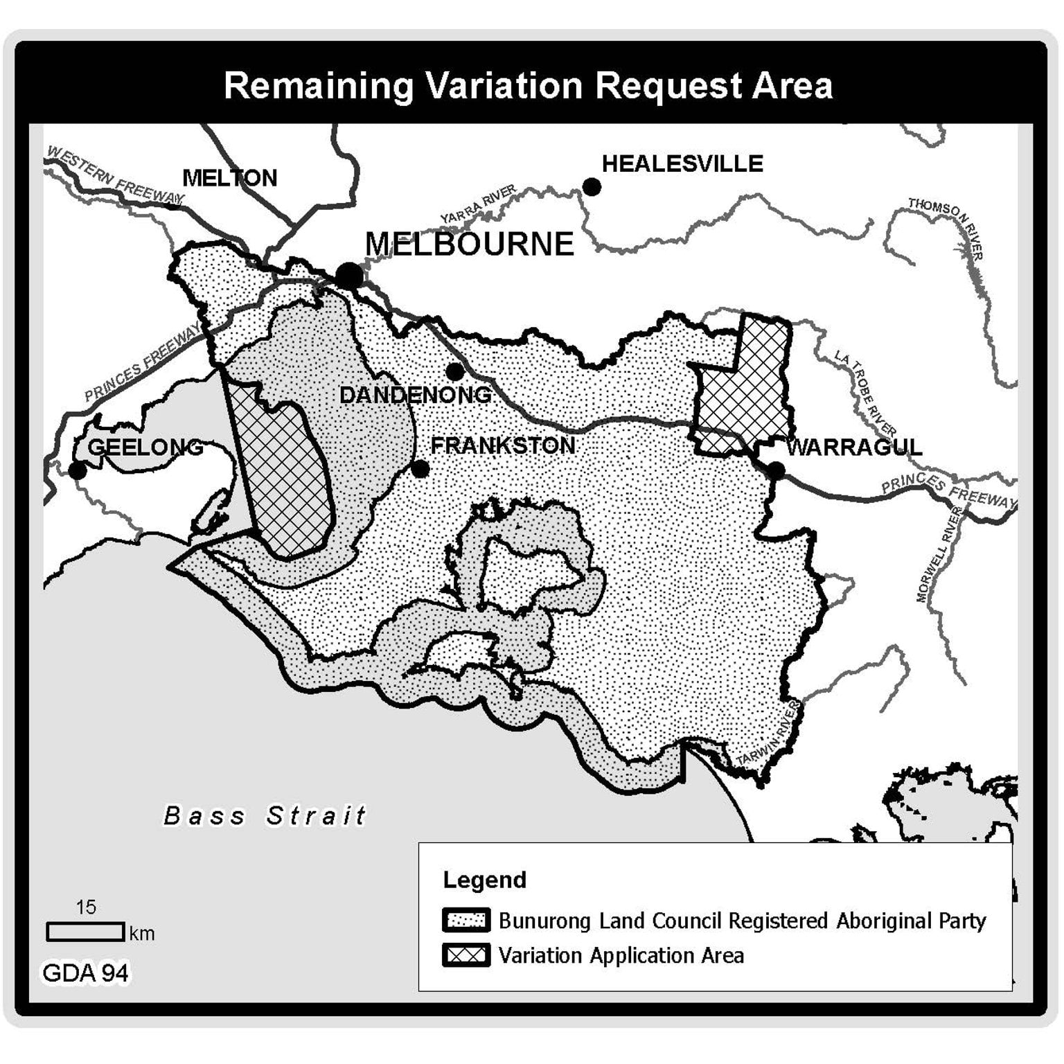 •	Decision Area data: a map detailing the remaining section 155 request for boundary variation from the Bunurong Land Council Aboriginal Corporation.